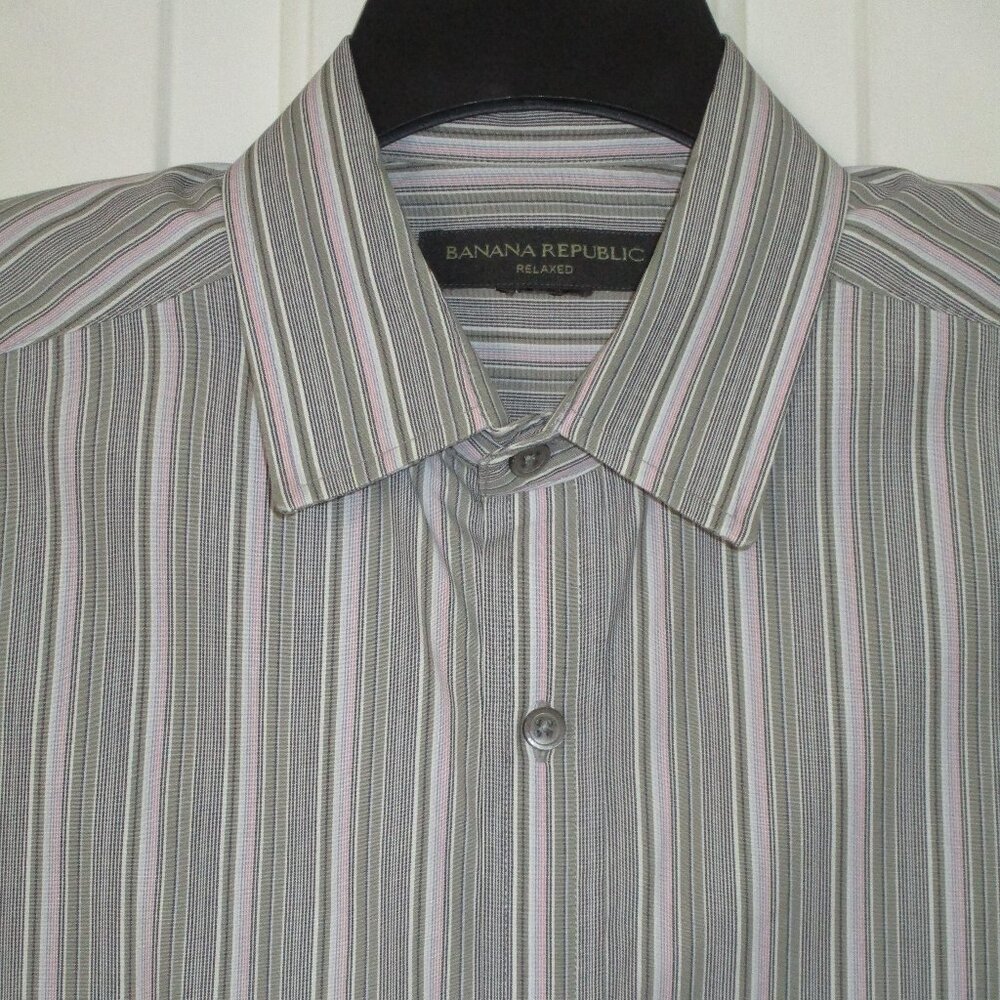 Banana Republic Relaxed Mens L/S Green Pink Cotton Dress Shirt - Size 15.5/32-33